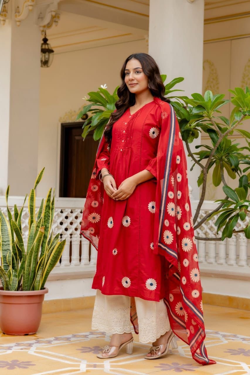Red Cotton Embroidered Kurti Set with Dupatta